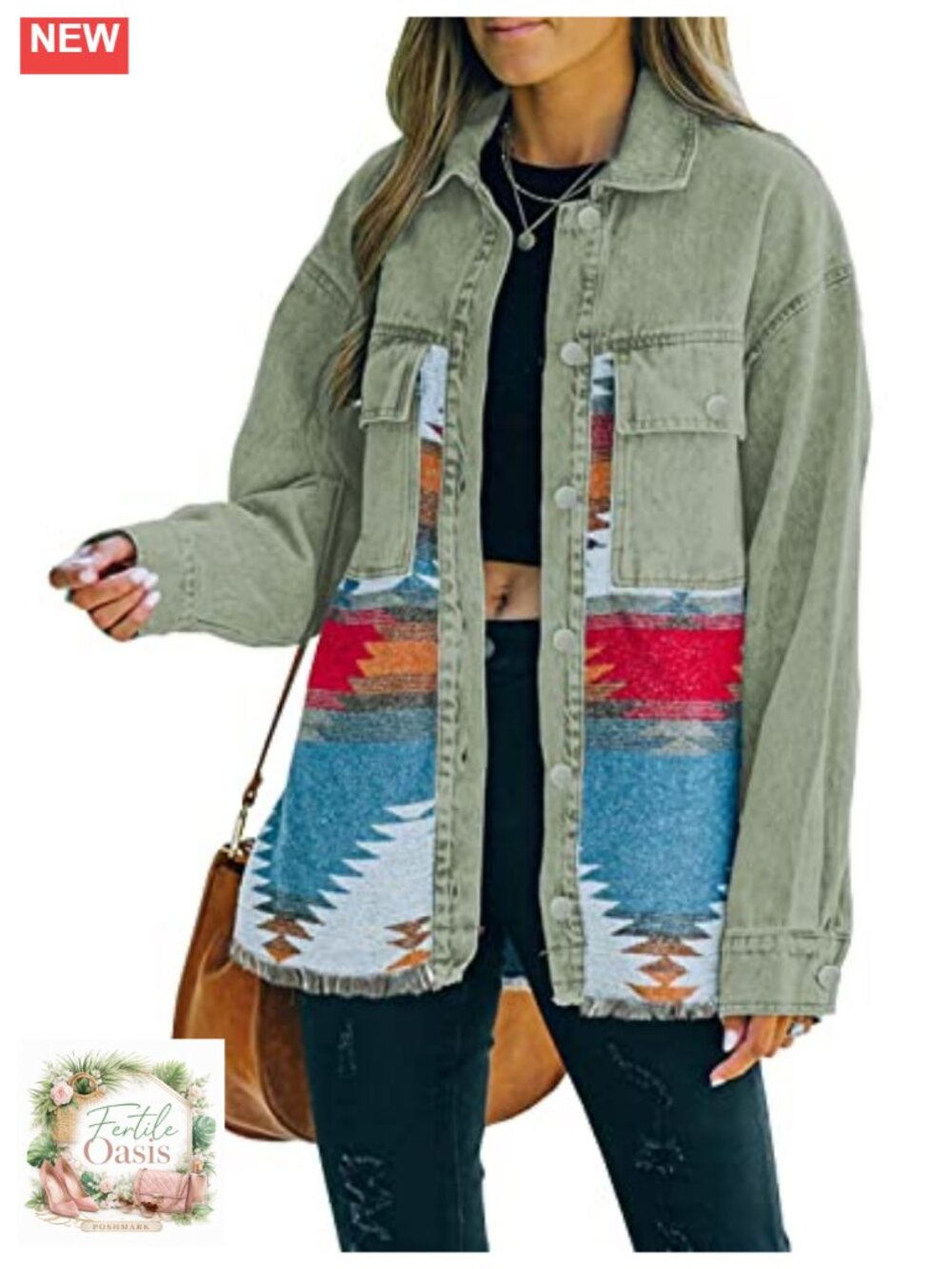 Women's Oversized Aztec Denim Jean Jacket - Long Sleeve Shacket